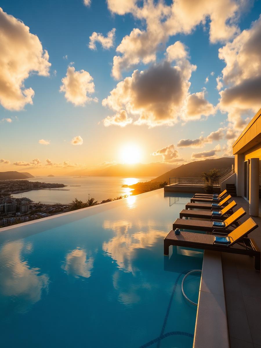 Infinity rooftop pool with sunset reflection